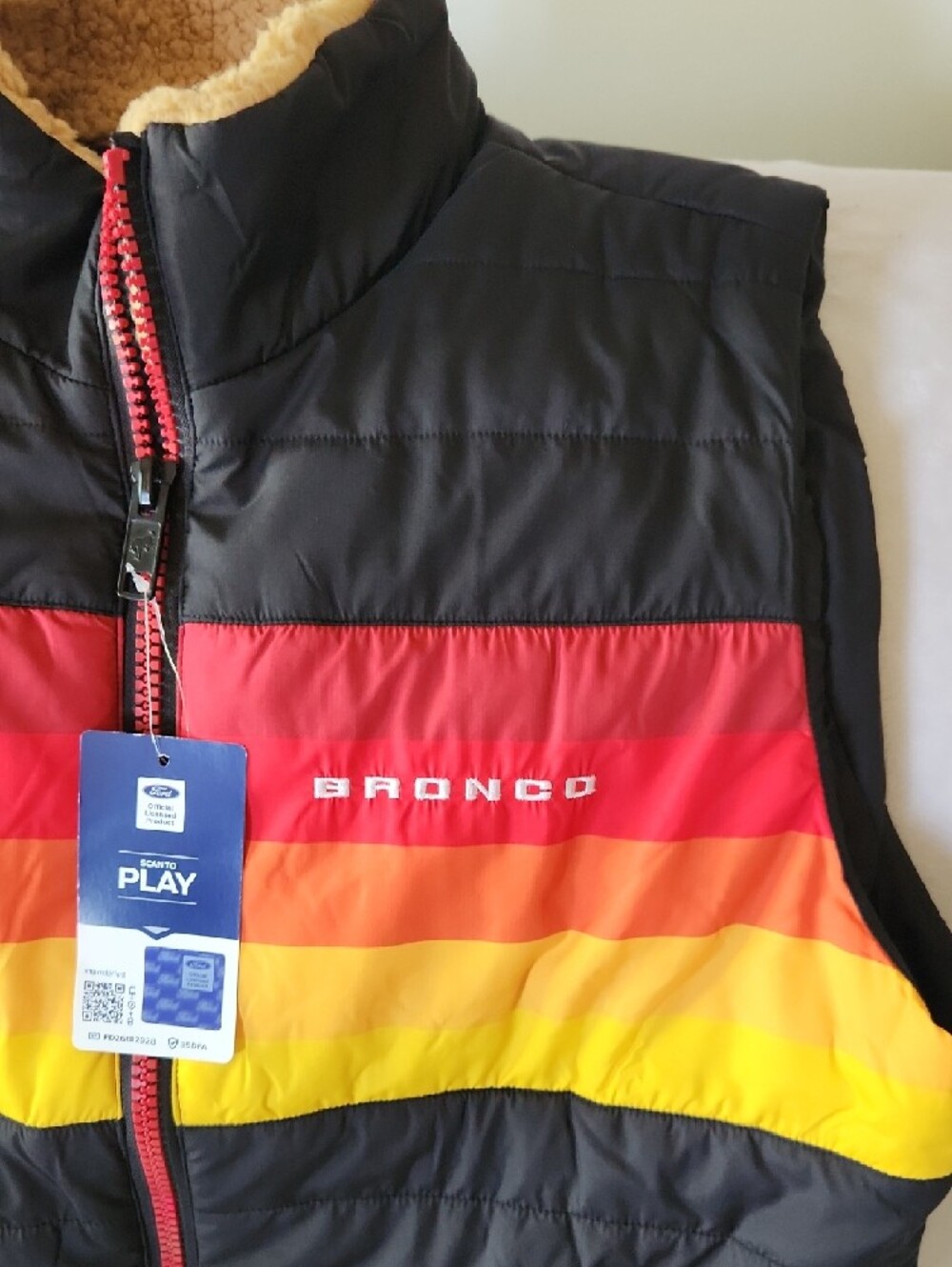 Official Ford Black Puffer Vest with Red, Orange & Yellow Stripes - Picture 2 of 8